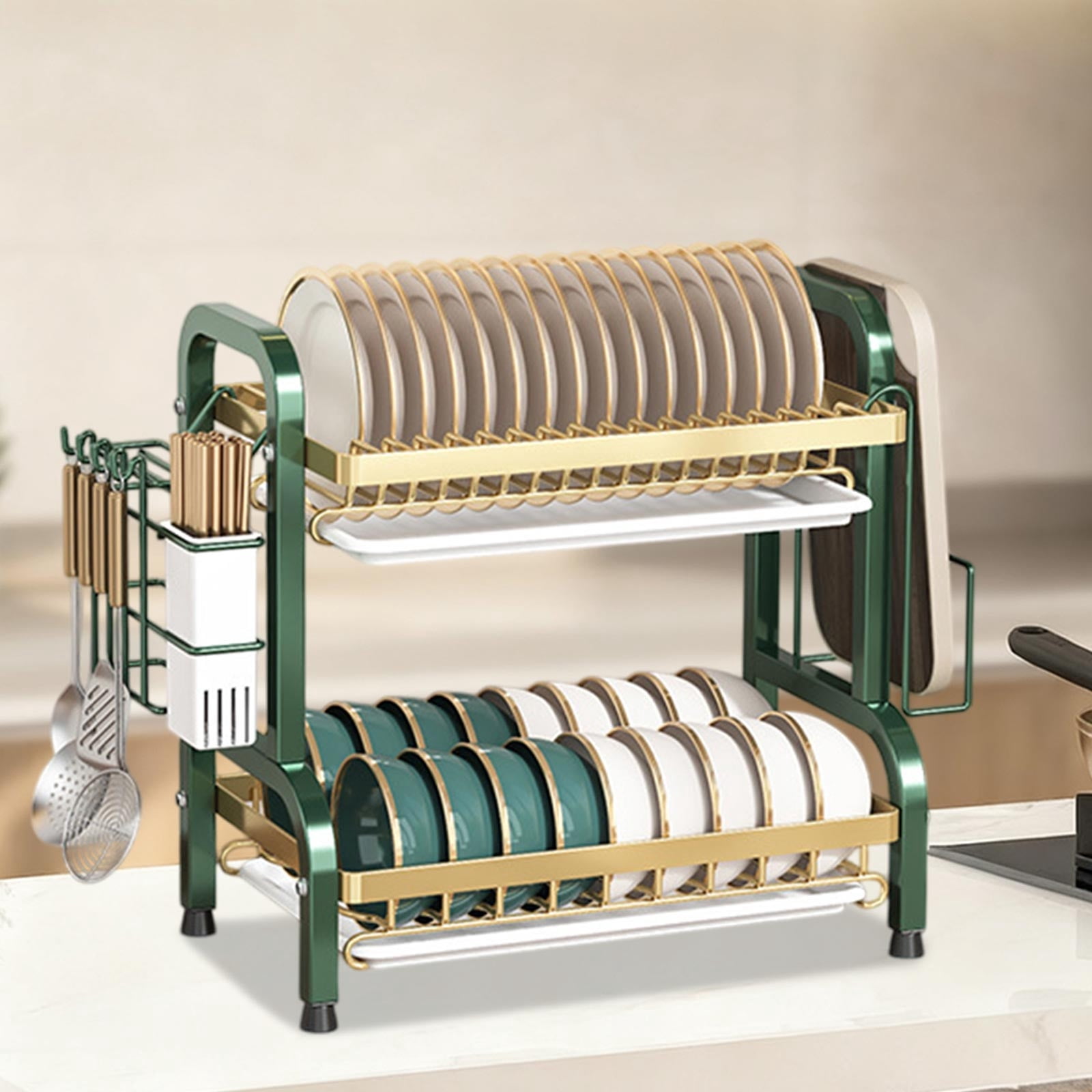 Bxaolu 2-Tier Dish Drying Rack - Stainless Steel Dish Rack with Cutlery & Utensil Holders for Kitchen Countertop, Sink Organization and Storage Essentials, Home Decor, Green
