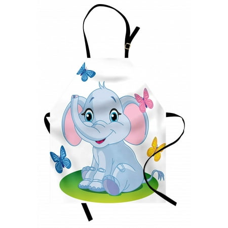 

Nursery Apron Cute Baby Elephant Sitting on the Meadow in Spring Time with Butterflies Unisex Kitchen Bib Apron with Adjustable Neck for Cooking Baking Gardening Baby Blue Pink Green by Ambesonne
