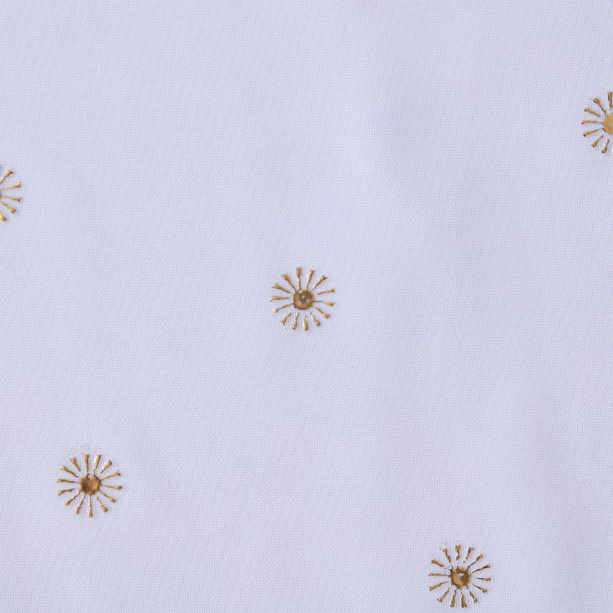 White/Metallic Gold Sun, variant on Mainstays Kids Spring Periwinkle and Metallic Silver Stars Sheer Overlay Blackout Rod Pocket with Back Tabs Single Curtain Panel, 38" W x 84" L