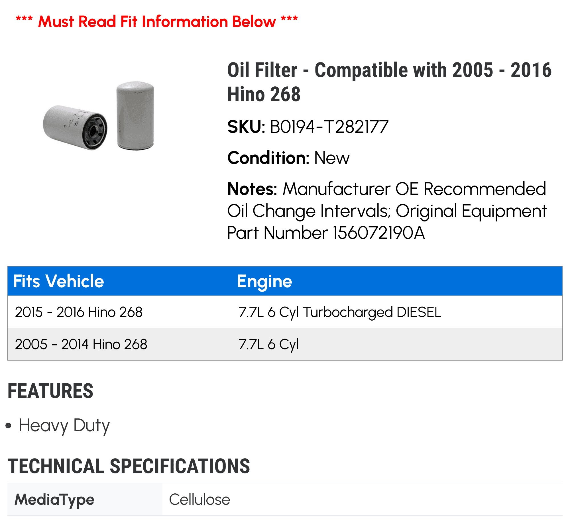Oil Filter - Compatible with 2005 - 2016 Hino 268 2006 2007 2008 2009 2010 2011 2012 2013 2014 2015