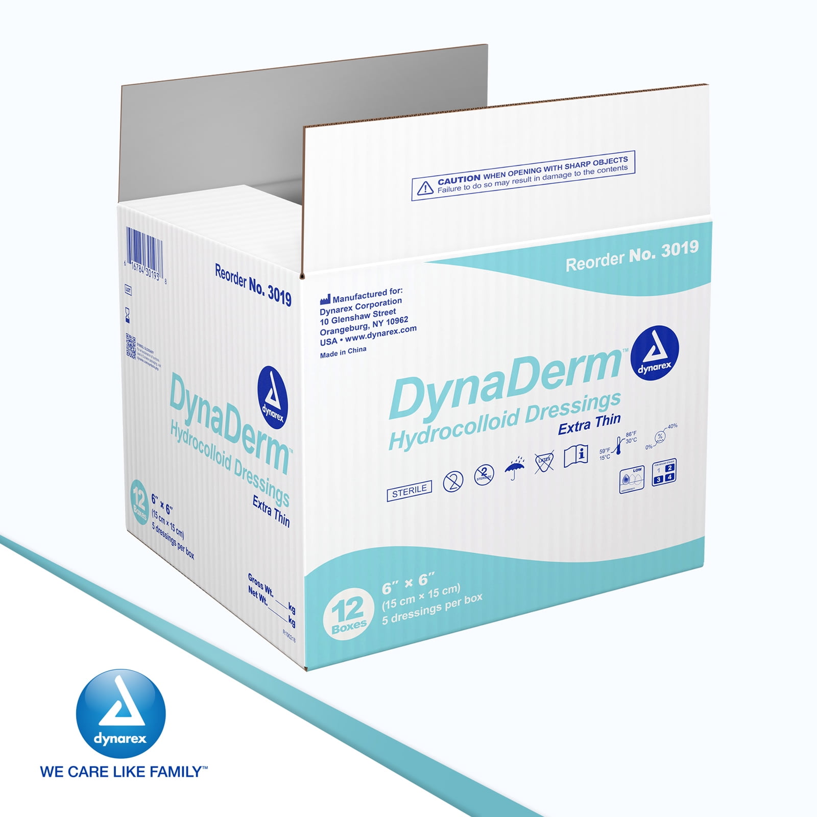 Dynarex DynaDerm Hydrocolloid Dressings, Sterile Moist Bandages Used for All Kinds of Wounds, 6" x 6", X-Thin & Latex-Free, Peel-Down Patches - 1 Case, 12 Boxes of 5 Dressings