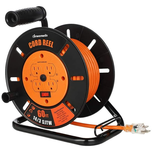 D 60FT Open Cord Reel, Heavy Duty Extension Cord Reel with 4-Grounted  Outlets, Hand Wind Retractable, 14/3 AWG SJTW, 13 Amp Circuit Breaker, ETL  Listed 