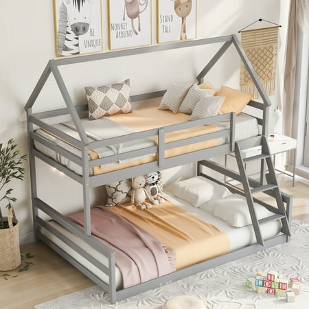 House Shaped Bunk Beds for Kids  Twin Over Full Size Low Bunk Bed Frame with Ladder and Roof  2-in-1 Solid Wood Bed Frame with Guardrails for Bedroom Dorm  Gray  79.8  ×57.2  ×75.5