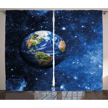 Space Curtains 2 Panels Set, Outer View of Planet Earth in Solar System with Stars Life on Globe Themed Image, Window Drapes for Living Room Bedroom, 108W X 84L Inches, Blue Green, by