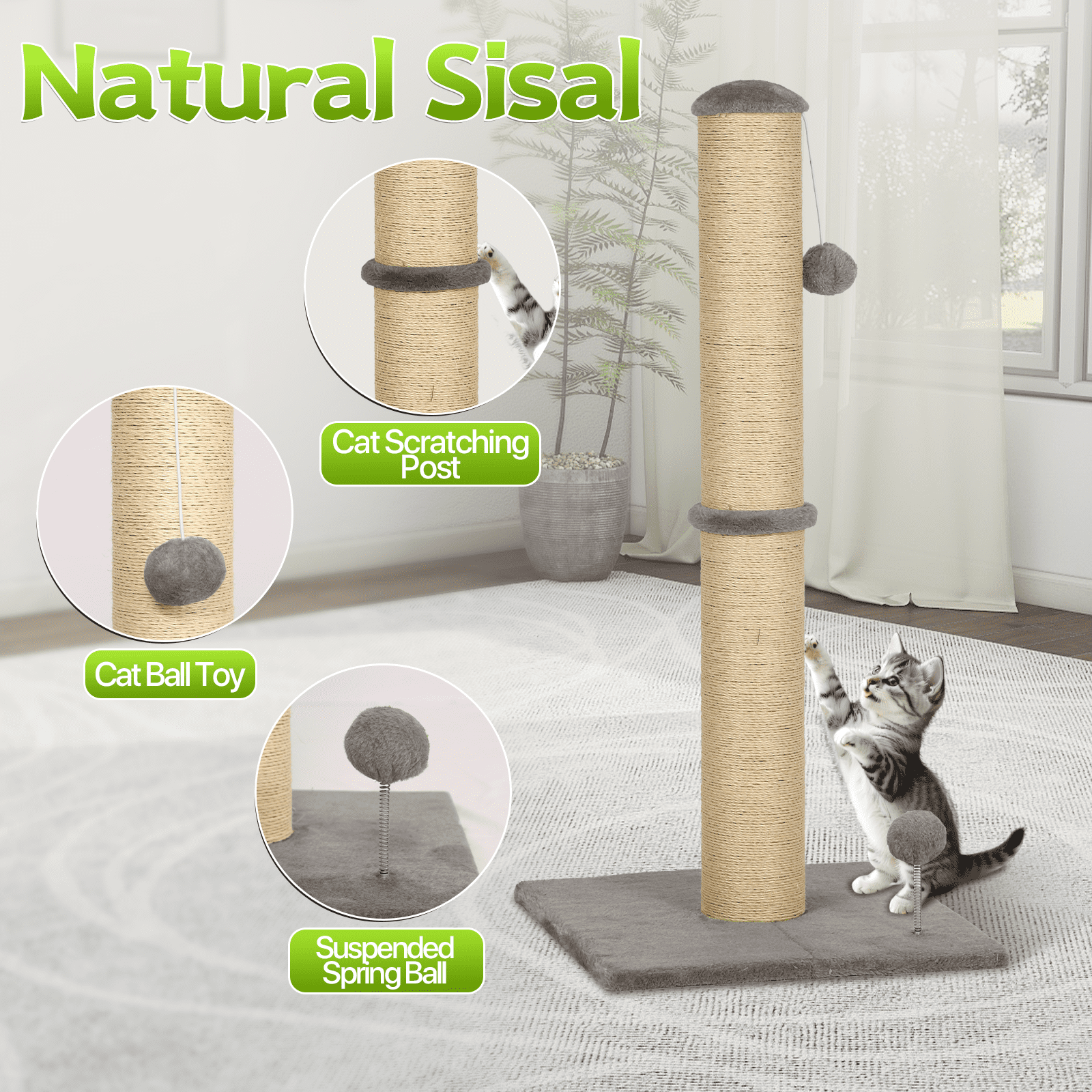 Dkelincs Cat Scratching Post with Sisal & Spring Ball Toy 33" Tall Cat Scratcher for Indoor Cats/Kittens Natural Sisal Scratch Post Trees for Living Room Bedroom, Light Gray