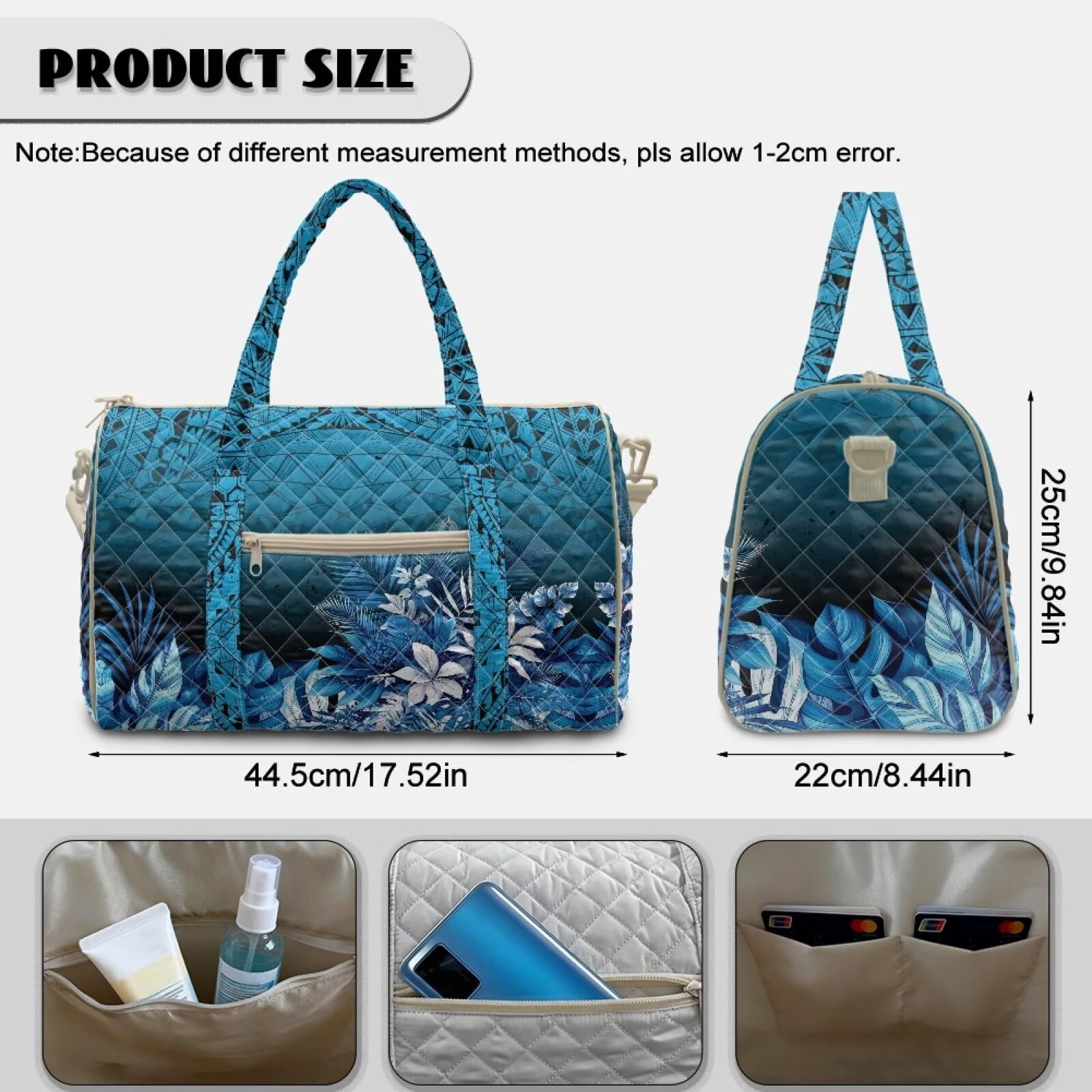 Garronmavis Large Quilted Duffle Bag for Women, Weekender Overnight Travel Gym Bag with Luggage Sleeve, Blue Tropical Print Carry On Bag Compatible with Airplane Travel for Weekend