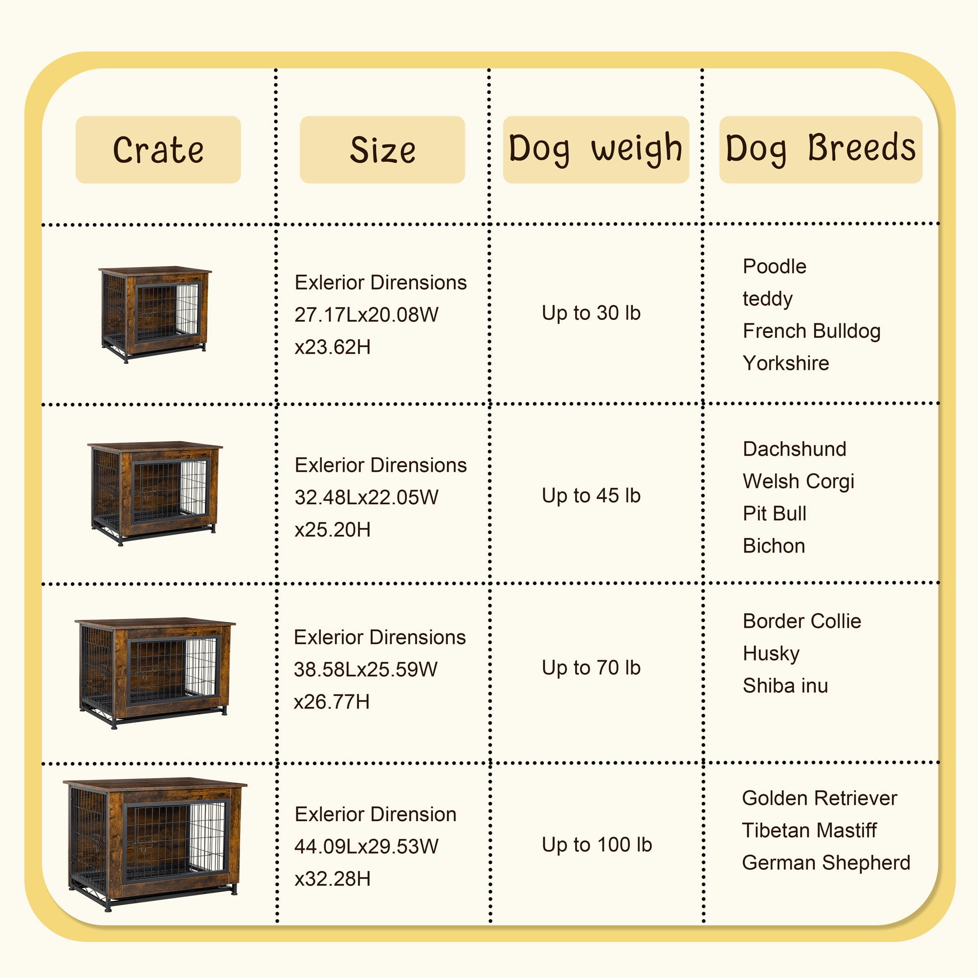 Walsunny Wooden Dog Crate Furniture,Double-Doors Kennel Indoor with Divider and Removable Tray,End Table Dog Crate for Decoration 32.5"L x 22.0"W x 25.0"H，Brown