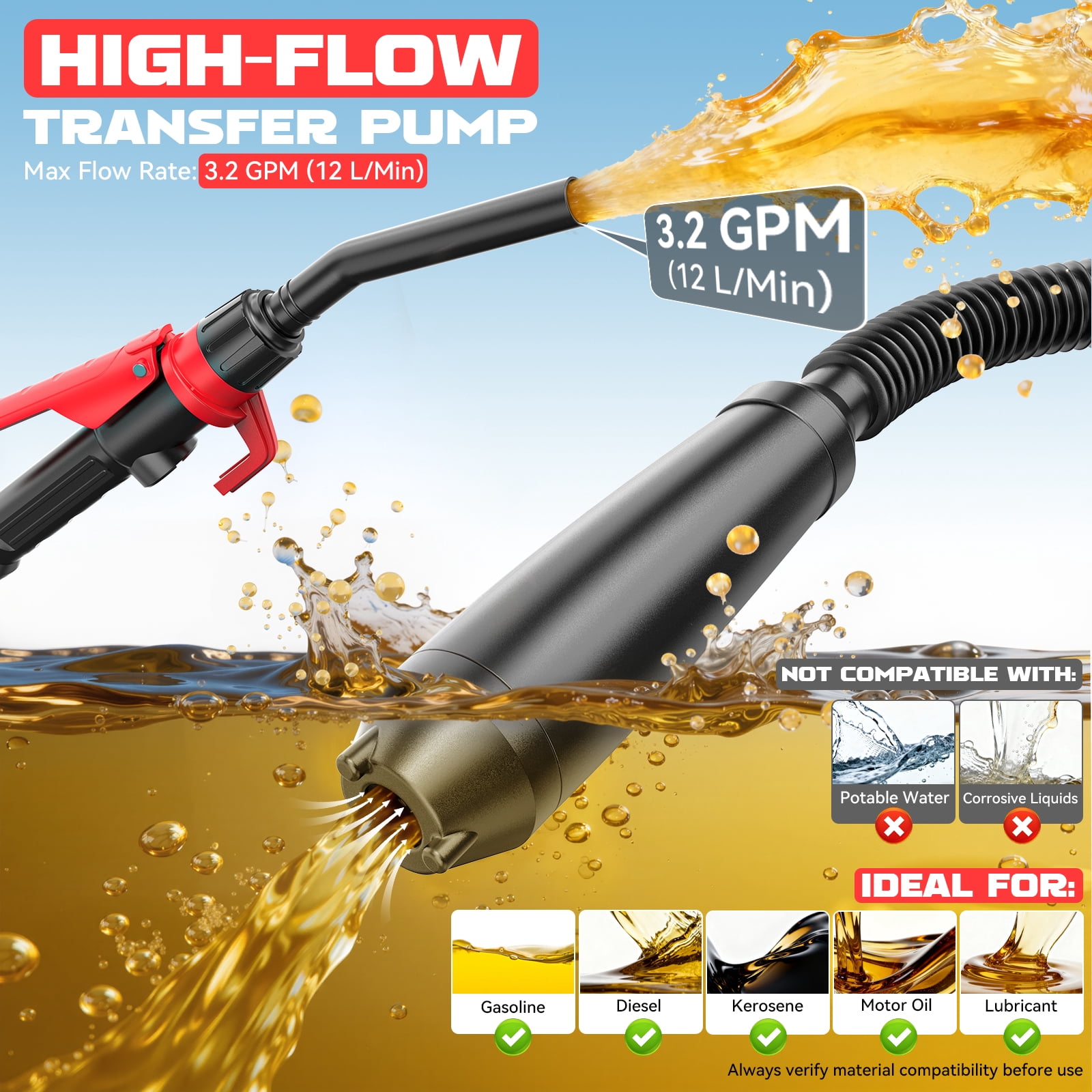 3.2 GPM Cordless Fuel Transfer Pump, Compatible with DeWalt 20V & Milwaukee 18V Batteries, Portable Gas Can Pump with 51'' Hose & 3 Adapters for Diesel & Gasoline (Bare Tool)