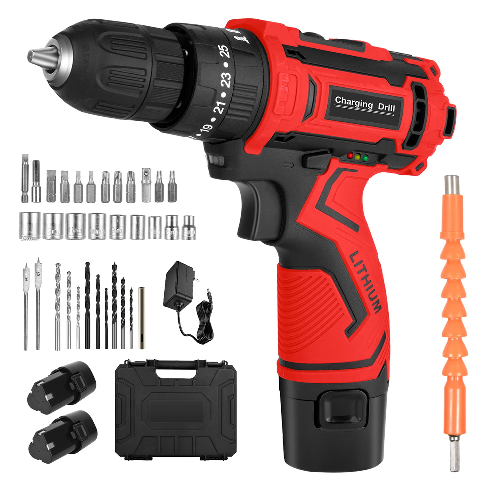 Hilda 12V Cordless Drill with 21 Pcs Drill Set, 1300mAh Lithium-Ion Cordless Electric Screwdriver 3/8 inch with Storage Bag and LED Light, 2 Variable