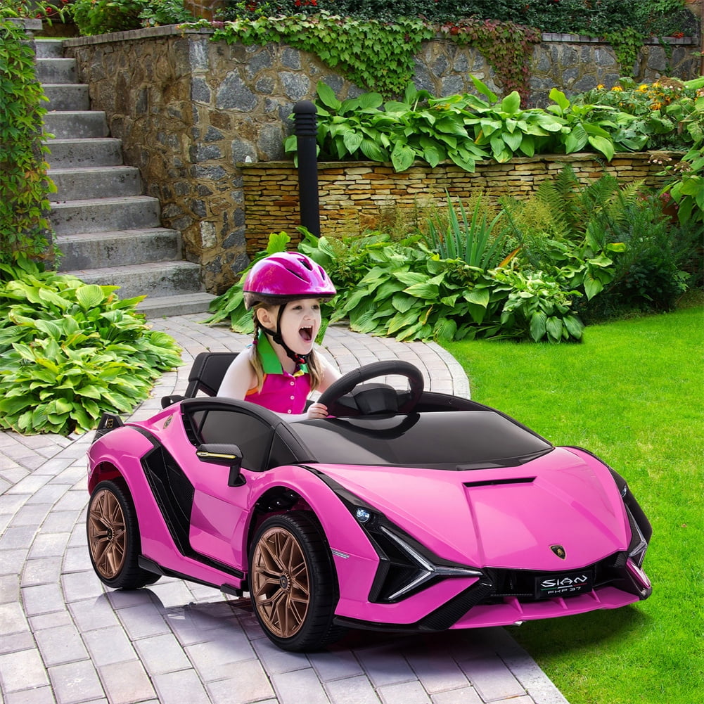 Senbabe Kids Electric Ride On 12V Licensed Lamborghini Sian Roadster  Battery Powered Sports Car Toy with 2 Speeds, Parent Control, LED  Headlights, Pink 