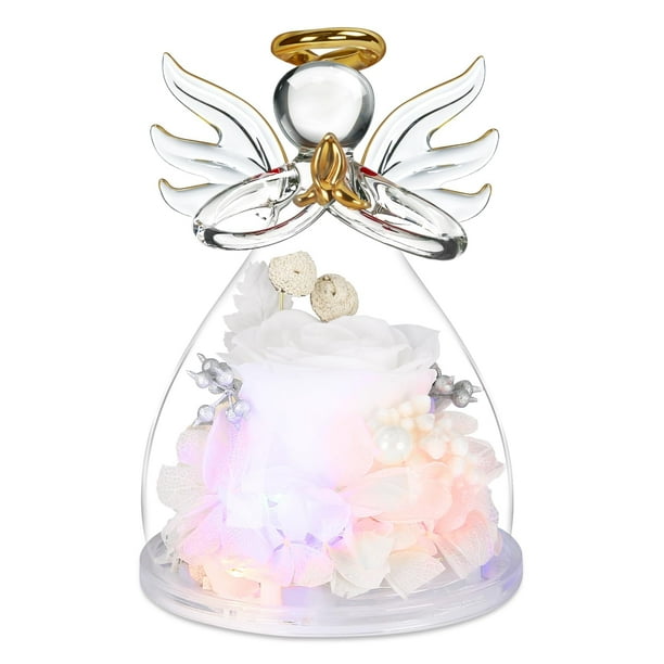 Figuras de ángel con flores preservadas, rosas en cristal, incrustadas
