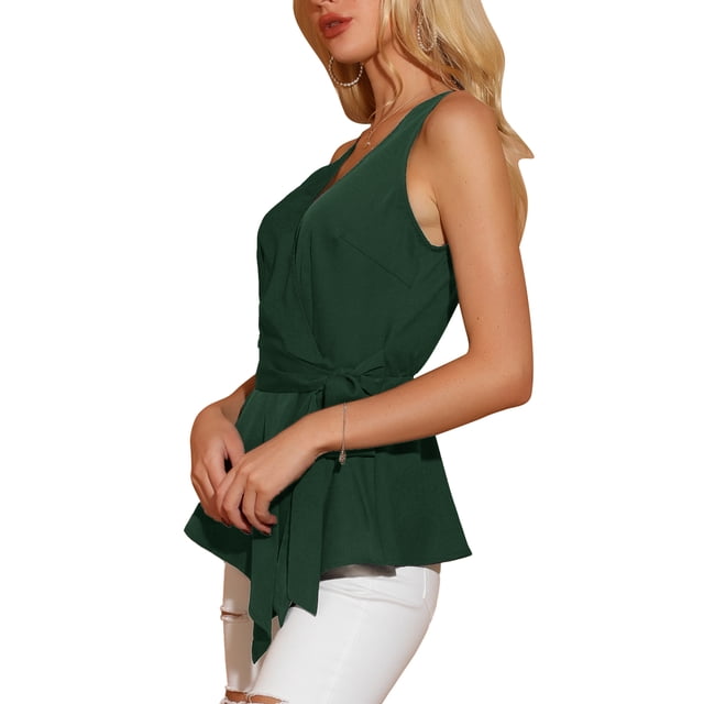 INSPIRE CHIC Hauts d'Été Sans Manches à Encolure en V Portefeuille à Taille Nouée pour Femmes