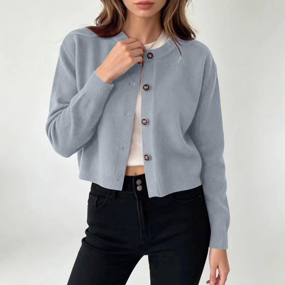 Women's Long Sleeve Button Down Cropped Knit Cardigan,Casual Short Sweater Jacket