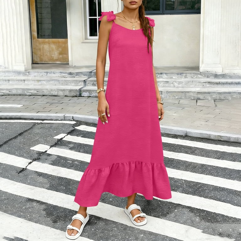fuschia pink casual dress Efsteb Sundresses for Women Vacation Solid Color Fashion Ruffle Ruched Long  Dress with Back Tie Crew Neck Beach Loose Sleeveless Casual Dresses