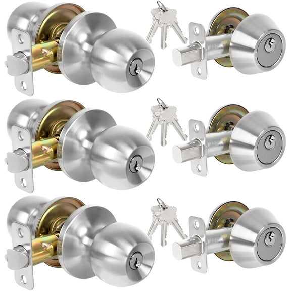 Exterior Door Lock Set, Single Cylinder Deadbolt Lock and Door Knob Set, Front Door Lock Set, Satin Nickel Door Knob and Deadbolt Set, Not Keyed Alike, 3 Pack