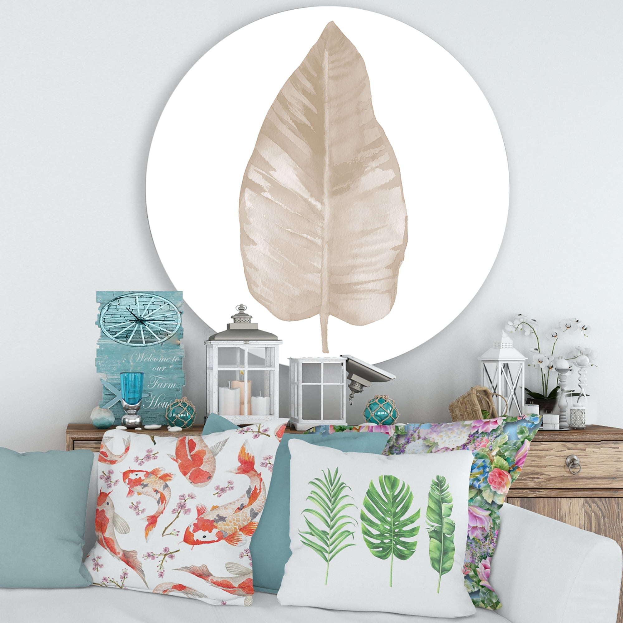 Designart 'Dried Leaf Plant Beige On White Background' Traditional Circle Metal Wall Art 36x36 - Disc of 36