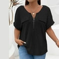 thumbnail image 2 of tklpehg Dressy Tops for Women Solid Color V-Neck Zipper Tops Lightweight Loose Blouses Vintage Summer Going Out Tops Casual Short Sleeve Tee Shirt Tshirt (Black,XXL), 2 of 4