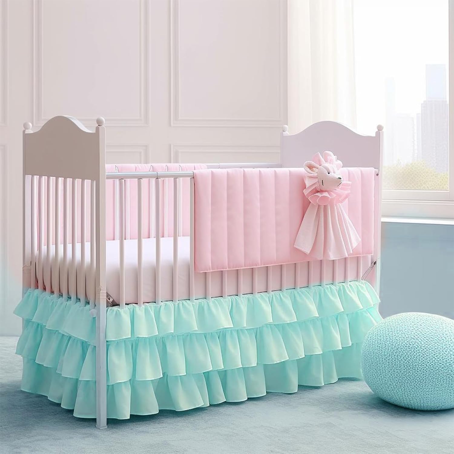 CATPAN Mini Crib Bed Skirt : 18" Drop Ruffles Crib Skirt Girl,3-Layer Crib Skirt for Nursery Decor,Mini Crib Skirt Easy to Change and Clean,Soft and Comfortable,28" W,52" L(Green)