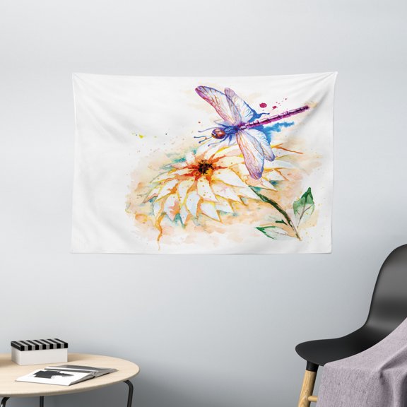 Dragonfly Tapestry, Watercolor Stylized Lily Flower and Flying Bug over it Nature Spring Theme Print, Wall Hanging for Bedroom Living Room Dorm Decor, 60W X 40L Inches, Multicolor, by Ambesonne