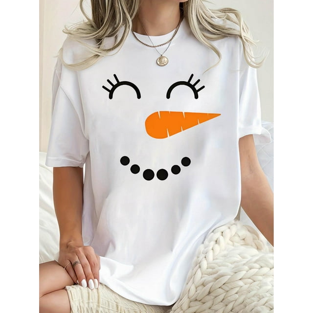 T-shirt Graphique Décontracté pour Femme avec Bonhomme de Neige - Col Rond, Manches Courtes, Mélange de Polyester Extensible, Lavable à la Machine - Parfait pour l'Été et les Fêtes Fête des Pères, Fête des Mères, Nouvel An, Fête du Printemps, Valenti