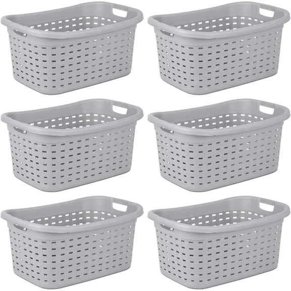 Plastic Weave Laundry Basket, Decorative Pattern with Handles, Ideal for Carrying and Holding Folded Clean Clothes, Gray, 6-Pack‎