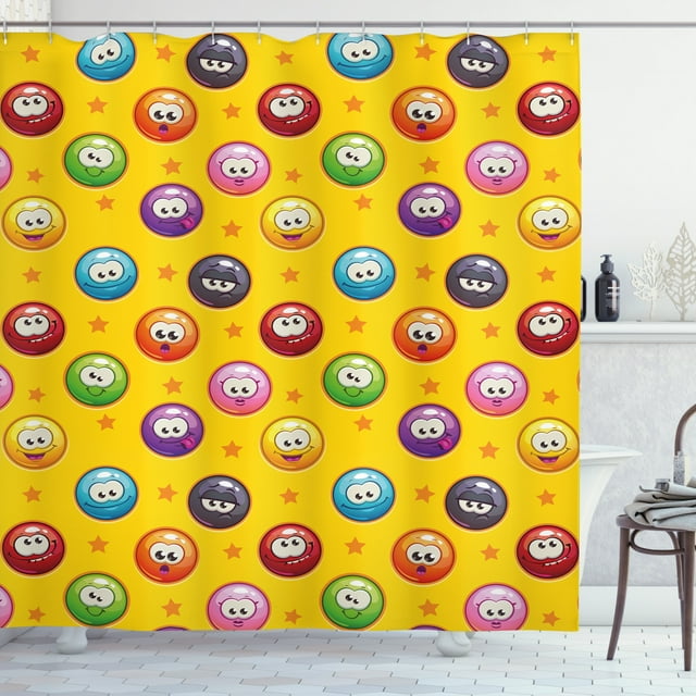 Emoji Shower Curtain, Smiley Surprised Grumpy Sad Happy Mood Faces Background with Little Stars Art Print, Fabric Bathroom Set with Hooks, 69W X 70L Inches, Multicolor, by Ambesonne