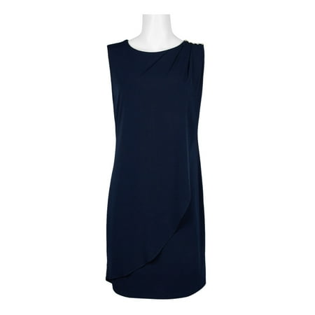 Carre Noir Crew Neck Sleeveless Gathered Shoulder Tiered Keyhole Back Solid Jersey Dress-NAVY / 12
