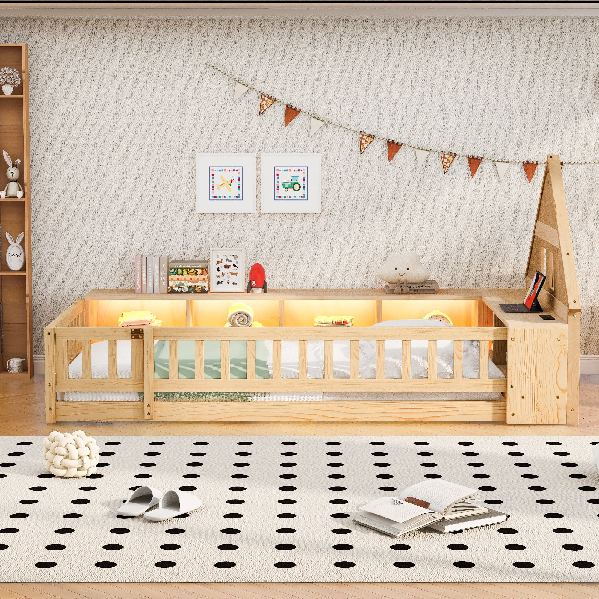 Euroco Wood Twin Size Floor Bed with Storage Shelves and Cabinets, Platform Bed with Guardrails, LED Light and USB Charge, Natural