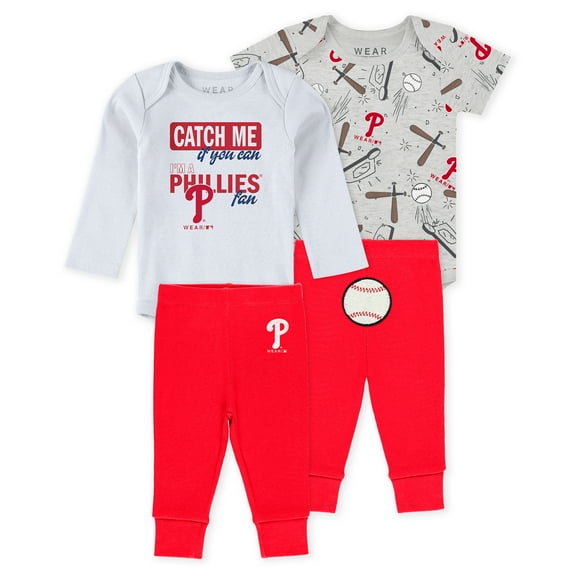 Newborn & Infant WEAR by Erin Andrews Heather Gray/White/Red Philadelphia Phillies Three-Piece Turn Me Around Bodysuits