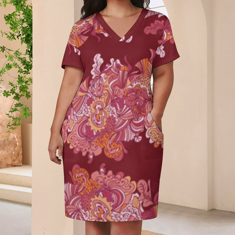 Abstract Floral Maroon Pattern Design Women's Loose Short Sleeve Dress  Casual Summer Plus Size Long Dresses with Pockets - Walmart.com