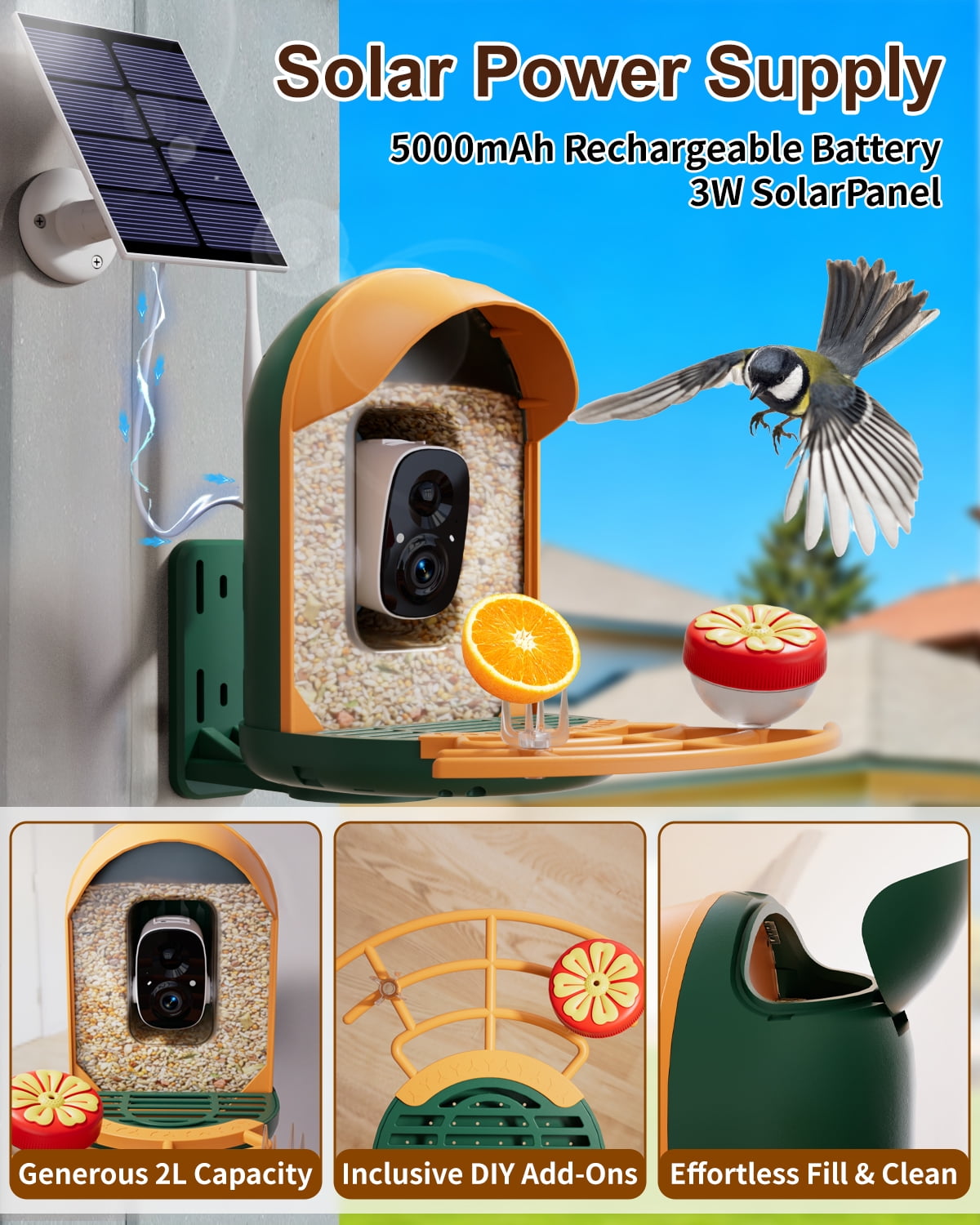 Bird Feeder with Camera, 2K HD Camera Birds Feeder Wireless Outdoor, Solar Powered Bird Watching with APP Control, Night Vision, Motion Detection Alerts, IP66 Birdfeeder for Backyard, Green