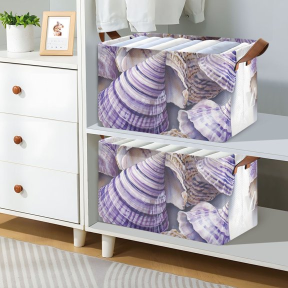 Stripe Shells Purple Foldable Storage Large Fabric Storage Baskets Organizer Storage Bins with Handles for Shelves