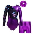 thumbnail image 4 of JanJean Kids Girls Gymnastics Dance Outfits Long Sleeve Ballet Dance Leotards with Shorts Hair Band Purple 8, 4 of 9