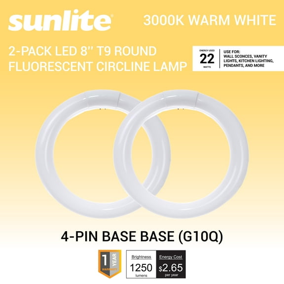 Sunlite 41936 FC8T9/WW 8-Inch T9 Round Fluorescent Circline Lamp, 22 Watts, 1250 Lumens, 3000K Warm White, RoHS Compliant, G10Q 4-Pin Base, 2 Pack