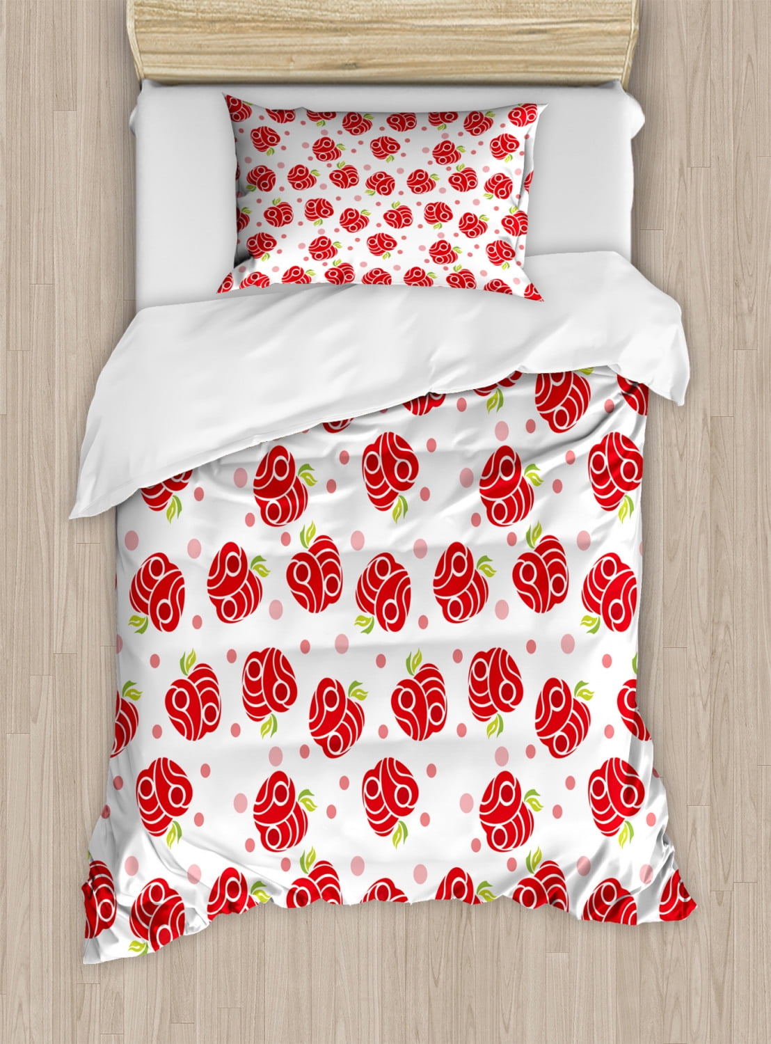 Apple Twin Size Duvet Cover Set, Geometric Shapes Patterned Apples Curves and Circles on Dotted
