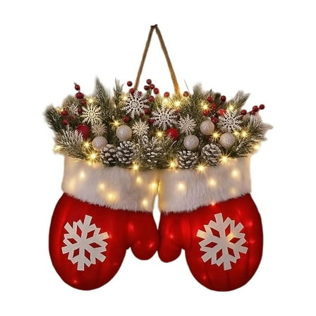 HIELLFQ Twinkling Christmas Mitten Wreath 17.7" Christmas Wreath Glove Shape Hanging Decorations Christmas Wreaths for Front Door Decor with Led Lights