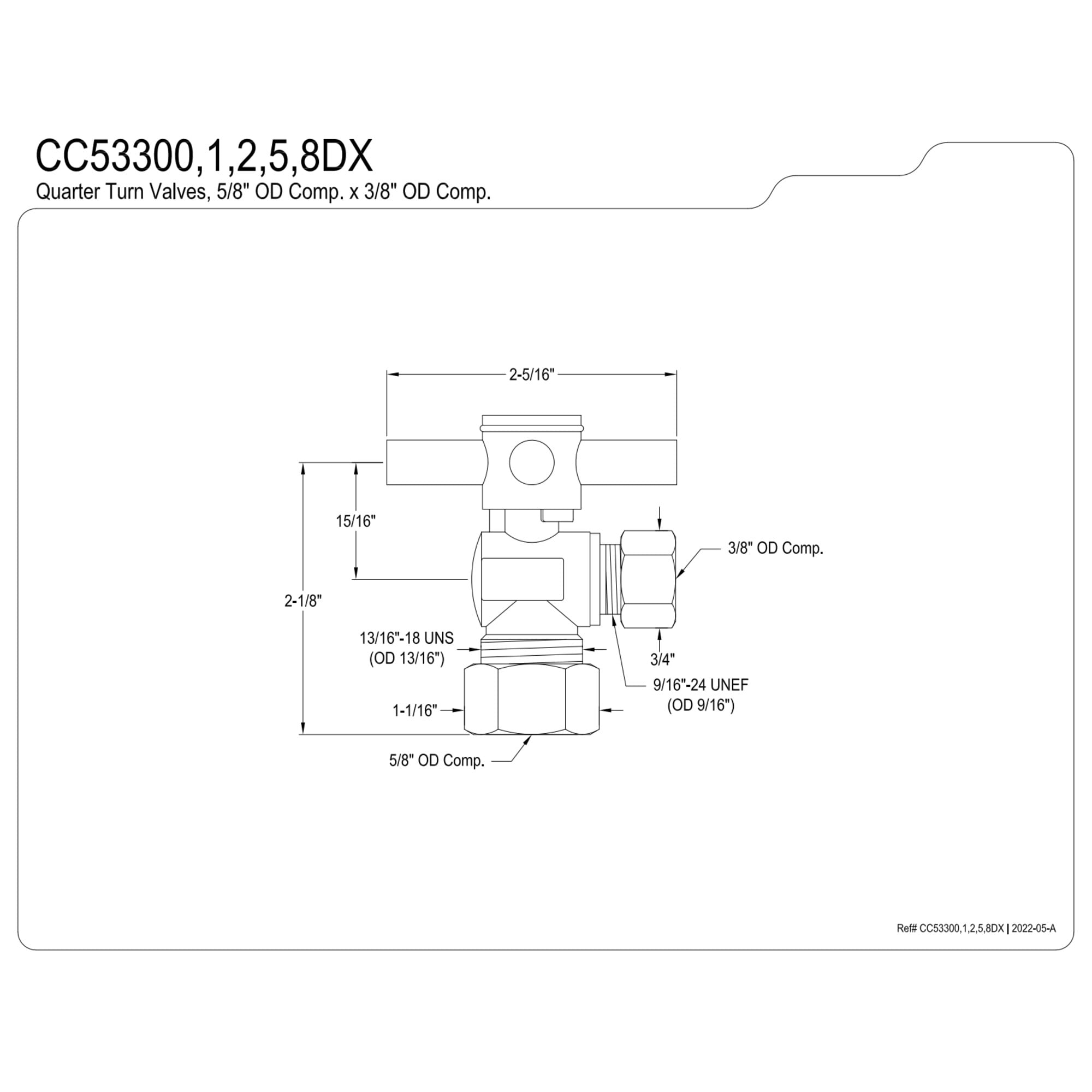 Kingston Brass CC53300DX 5/8-Inch O.D. Comp x 3/8-Inch O.D. Comp Quarter-Turn Angle Shut-Off Valve in Matte Black