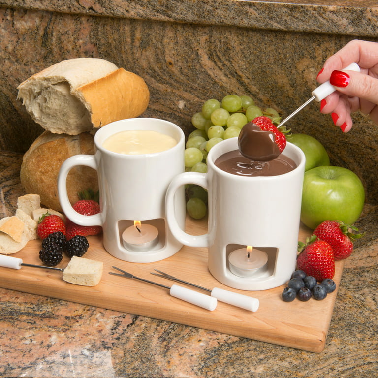 Evelots Mini Fondue Pot Set/Personal Fondue Mugs-Chocolate/Cheese/14-Piece  Fondue Maker Gift Set/2 Ceramic Mugs/Forks/Candles 