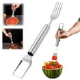 thumbnail image 1 of Tenedor cortador de sandía de acero inoxidable 2 en 1 | Herramienta portátil y plegable para cortar sandía en cubos rápidamente | Tenedor de fruta fácil de usar sin jugo para fiestas al aire libre, 1 of 9