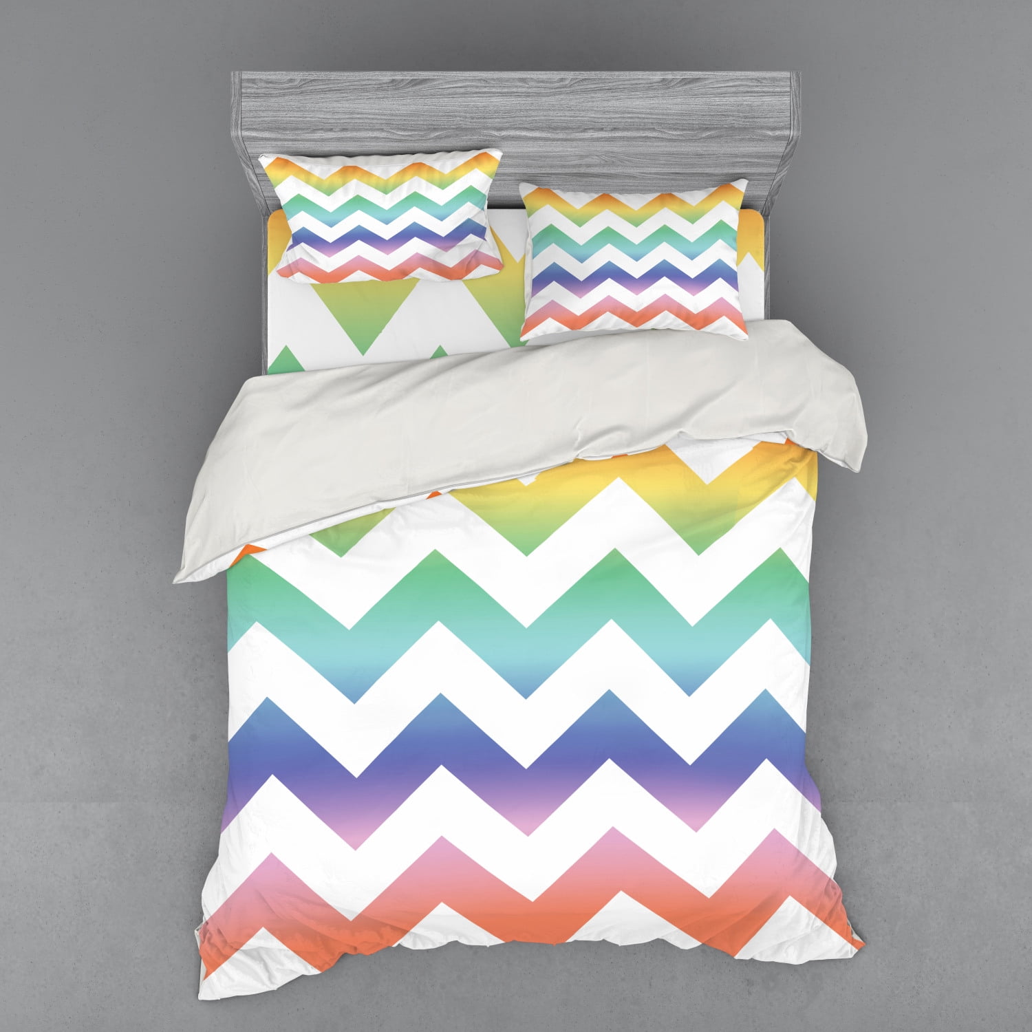 Geometric Duvet Cover Set, Rainbow Tones Colorful Large Zig Zag Pattern