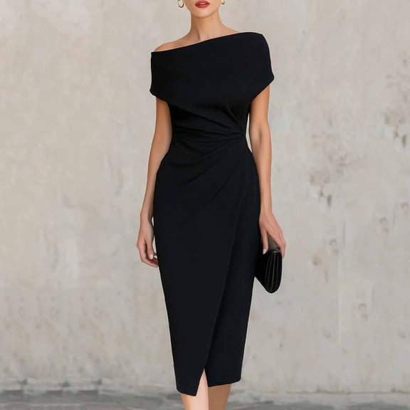 NTACZA Flowy Dresses for Women Wedding Guest Dresses Formal Dressy Midi Asymmetrical Neckline Off the Shoulder Ruched Waist Black L