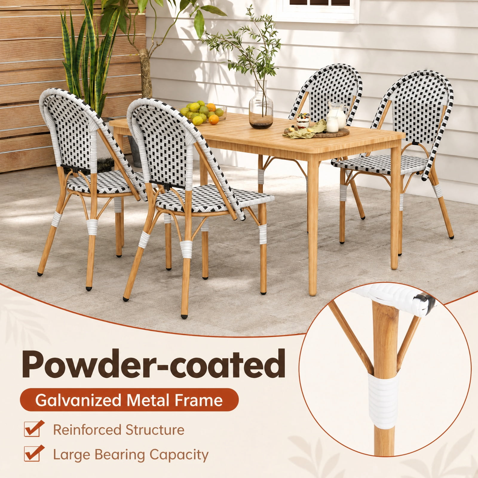 Furnibear French Bistro Chair Set of 2 with Hand-Woven PE Rattan Seats and Galvanized Metal Frame for Patio Garden and Balcony, White