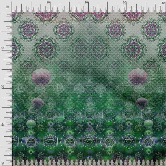 Soimoi Poly Georgette Fabric Scared Geometry & Moon Panel Printed Fabric 1 Yard 42 Inch Wide