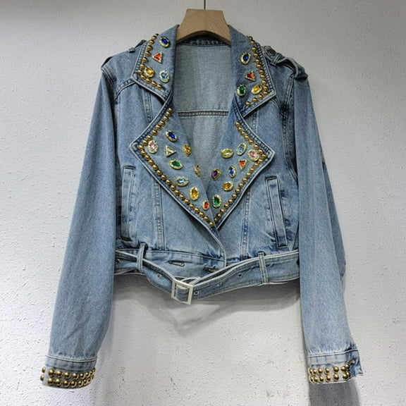Patchwork Diamond Denim Embroidered Lapel Fashion Jackets, Women's