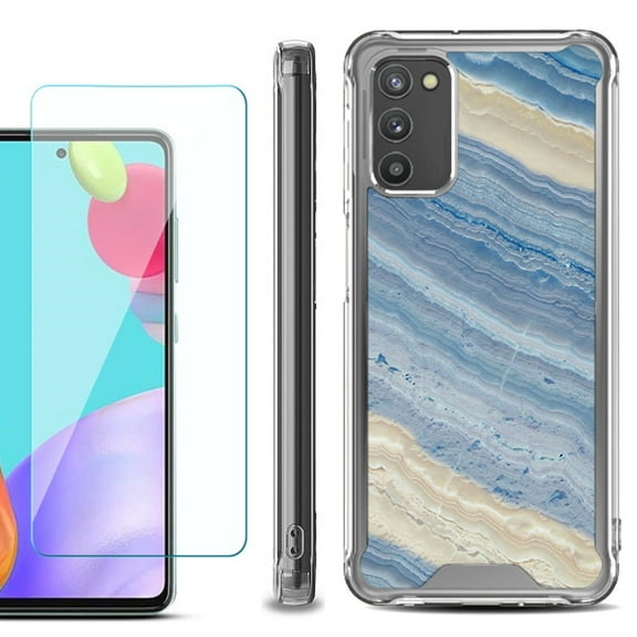 Shockproof Bumper Phone Case for Samsung Galaxy A02s, with Tempered Glass Screen Protector, by OneToughShield ® - Marble/ Marina Blue
