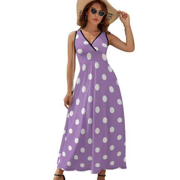 Light Purple And White Polka Dots Pattern Womens Night Club Maxi Dress V Neck Sleeveless Bohemia Long Dresses