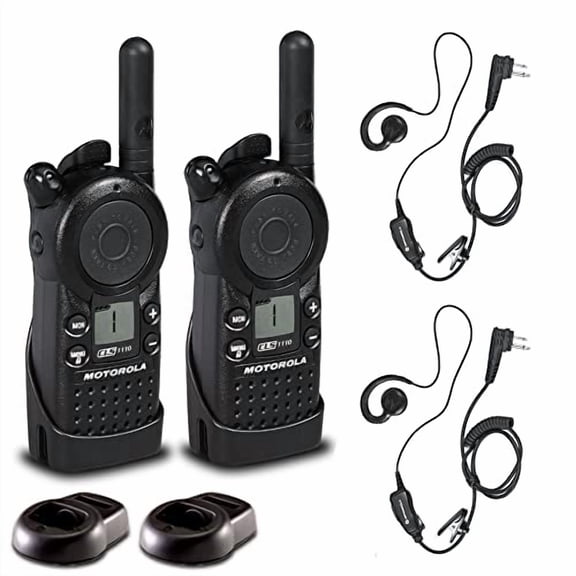 2 x Motorola CLS1110 UHF 1W 1-Channel 2-Way Radio (CLS1110)   2 x Motorola HKLN4604 PTT Earpiece - 2 Pack with Mic Bundle
