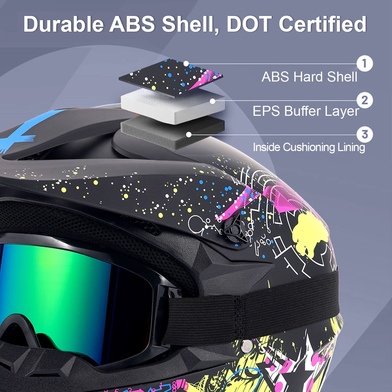 XiongXiong Dirt Bike Helmet DOT Certified, Full Face Motorcycle Helmet w/ Goggles, Gloves, Mask, for Off-Road, ATV, Sun Visor Snowmobile, Multicolor, L