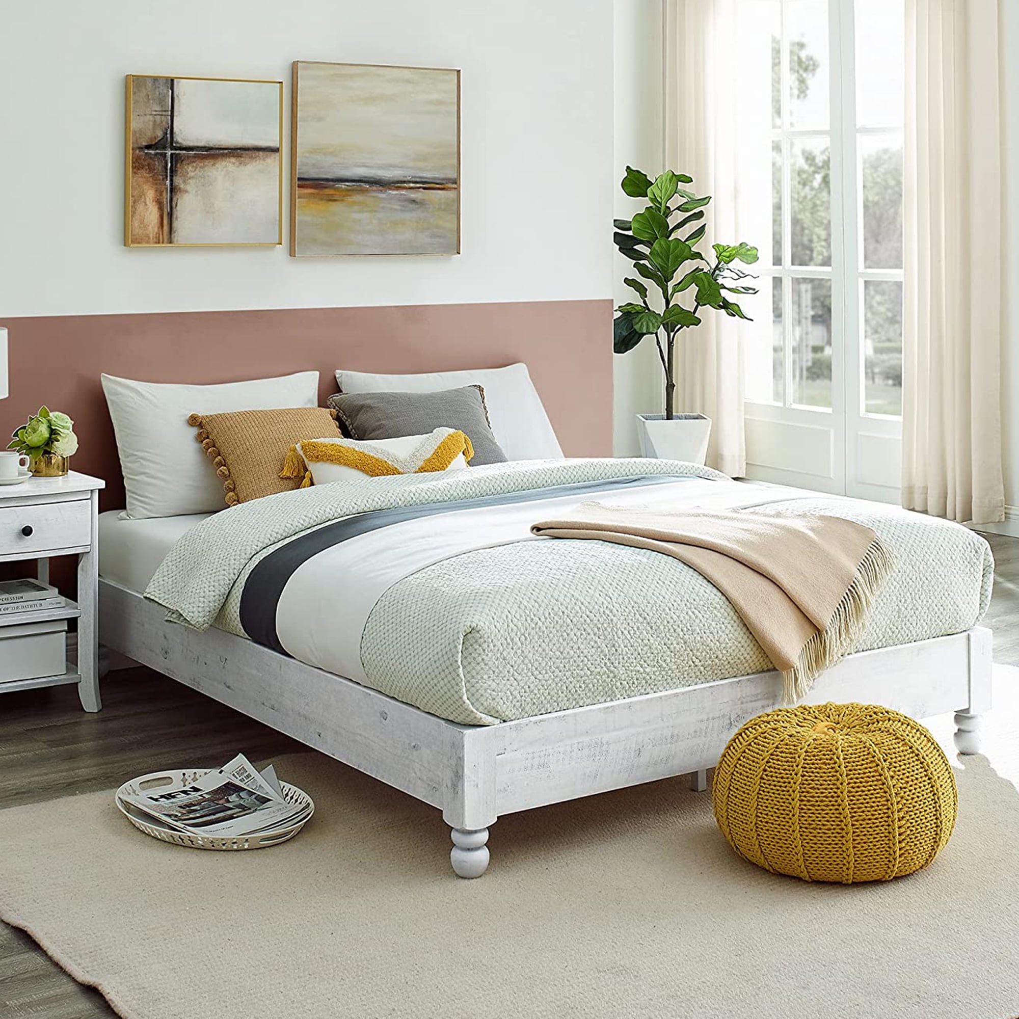 MUSEHOMEINC 12 Inch Solid Wood Frame Platform Bed with Large Apron, Rustic Style, White Washed Finish, Full