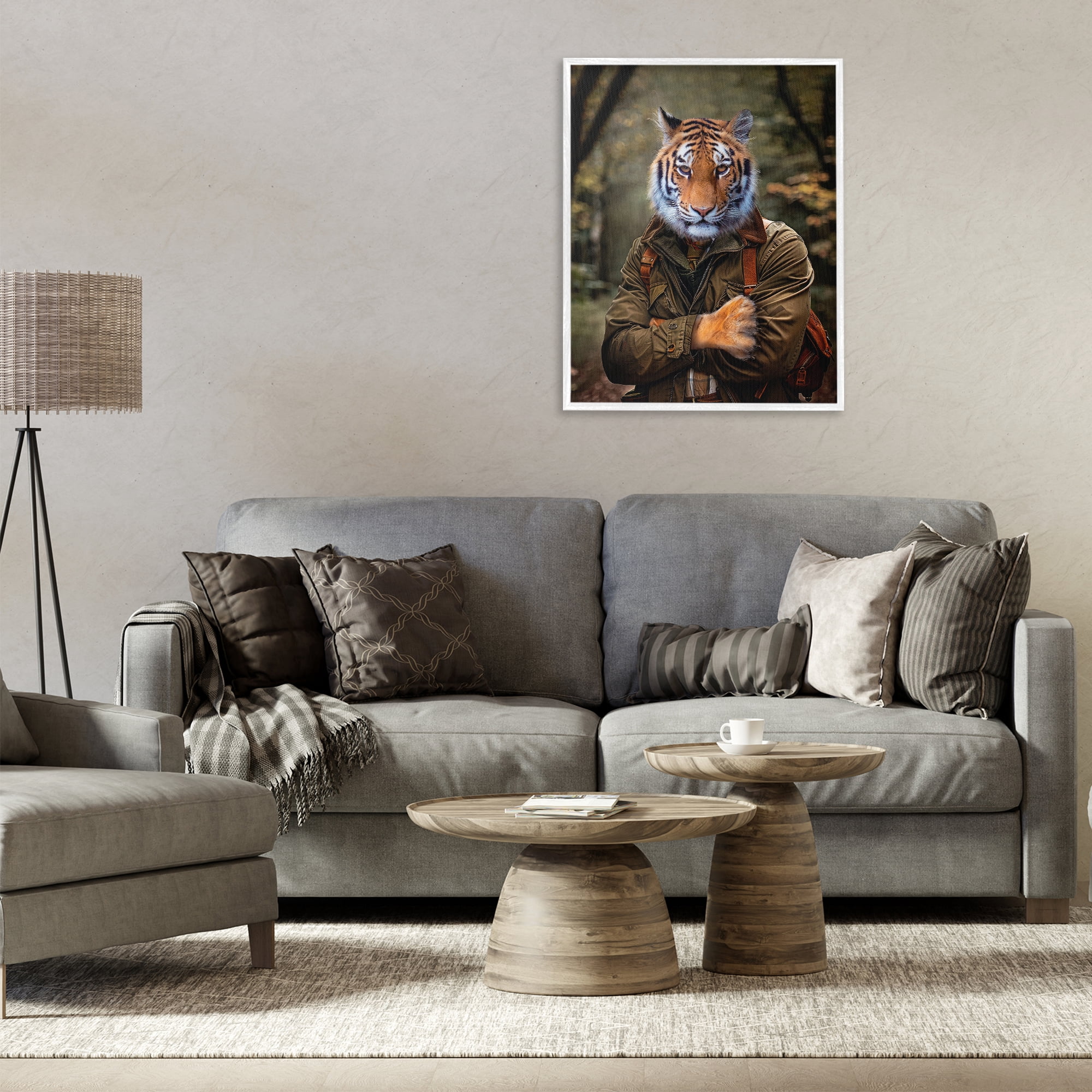Stupell Industries Tiger in Hiking Attire Animals & Insects Painting White Framed Art Print Wall Art, 24 x 30